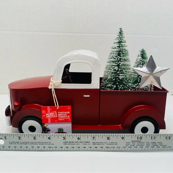 Red Metal Truck Snowy Trees Decoration Centerpiece Farmhouse NEW, Vintage Look! - Picture 10 of 12